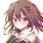  aizawa_chihiro bare_shoulders black_gloves blush brown_eyes brown_hair elbow_gloves eyebrows_visible_through_hair fingerless_gloves gloves hair_between_eyes hair_ornament kantai_collection looking_at_viewer remodel_(kantai_collection) scarf sendai_(kantai_collection) short_hair solo two_side_up upper_body white_scarf 