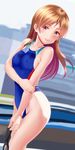  blue_swimsuit brown_eyes brown_hair competition_swimsuit covered_nipples dutch_angle highleg highleg_swimsuit highres holding_goggles idolmaster idolmaster_cinderella_girls lips long_hair nitta_minami one-piece_swimsuit smile solo swimsuit taka_(takahirokun) 