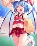  1girl alternate_costume arm_up bare_shoulders bat_wings blue_hair cameltoe cheerleader eyebrows eyebrows_visible_through_hair fang fangs hair_between_eyes hat holding lavender_hair looking_up miniskirt mob_cap navel open_mouth pom_poms red_eyes red_skirt remilia_scarlet shadow shiny shiny_clothes shoes short_hair skirt skirt_set sneakers socks solo standing standing_on_one_leg sweat tank_top touhou uniform upya vampire wings 