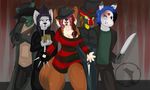  2013 anthro black_fur black_hair black_nose black_scales black_stripes blonde_hair blue_eyes blue_hair bottomless breasts brown_fur brown_hair canine cleavage clothed clothing coat costume cube digital_media_(artwork) dragon dreadlocks equine eyewear facial_piercing fedora feline female fox freddy_krueger friday_the_13th fur glasses gloves green_fur green_hair grey_fur grin group hair halloween hat hellraiser holding_object holding_weapon holidays horn jacket jason_voorhees kammymau lip_piercing looking_at_viewer machete male mammal melee_weapon multicolored_fur multicolored_hair multicolored_scales nightmare_on_elm_street open_mouth pants piercing pinhead pink_hair pink_tongue red_scales scales scalie smile smirk snakebite_piercing striped_fur stripes sweater tongue tongue_piercing top_hat two_tone_fur two_tone_hair vincenzo_moretti watermark weapon white_fur yellow_scales zebra 