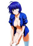  adjusting_clothes adjusting_legwear ass_visible_through_thighs blue_eyes blue_hair blue_shirt breasts cleavage collarbone eyepatch ikkitousen large_breasts looking_at_viewer mole mole_under_mouth open_clothes open_shirt panties ryomou_shimei shirt short_hair simple_background solo thighhighs underwear white_background white_legwear white_panties 