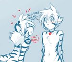  &lt;3 anthro blue_background blush chest_tuft collar dialogue duo english_text feline female flora_(twokinds) fur keidran male mammal monochrome nude open_mouth simple_background smile striped_fur stripes text tiger tiger_trace tom_fischbach trace_legacy tuft twokinds 