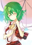  ^_^ ascot blush closed_eyes closed_mouth commentary_request dress_shirt facing_viewer green_hair holding holding_umbrella kazami_yuuka open_clothes open_vest parasol plaid plaid_skirt plaid_vest puffy_short_sleeves puffy_sleeves shirt short_hair short_sleeves skirt skirt_set smile solo suichuu_hanabi touhou umbrella upper_body vest white_shirt 