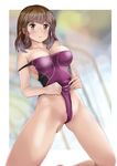  ass_visible_through_thighs bangs bare_legs bare_shoulders barefoot blunt_bangs blurry blurry_background blush breasts brown_eyes brown_hair cleavage collarbone competition_swimsuit highres kneeling large_breasts legs_apart long_hair mashinatsu one-piece_swimsuit original partially_visible_vulva purple_swimsuit skin_tight solo strap_slip swimsuit tareme 