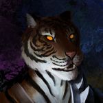  clothed clothing efudek feline fur male mammal portrait simple_background solo stripes teeth tiger 