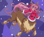  absurdres antlers bell blue_eyes blush breasts centauroid christmas commentary_request fur_trim gloves great_magami hat highres large_breasts long_hair looking_at_viewer monster_girl open_mouth original pink_hair reindeer reindeer_antlers santa_costume santa_hat smile solo tail 
