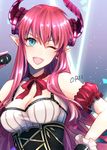  armband asymmetrical_horns banned_artist bare_shoulders blue_eyes breasts cleavage corset dress elizabeth_bathory_(fate) elizabeth_bathory_(fate)_(all) fate/extra fate/extra_ccc fate_(series) frills hair_down holding horns idol long_hair medium_breasts microphone older one_eye_closed open_mouth orii_(orii_i) pink_hair pointy_ears rojiura_satsuki:_chapter_heroine_sanctuary signature smile solo upper_body 