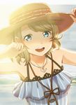  anchor_necklace armpits bare_shoulders blue_eyes brown_hair hat highres looking_at_viewer love_live! love_live!_sunshine!! open_mouth short_hair solo straw_hat watanabe_you wokami 