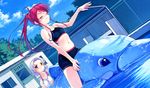  bikini blush closed_eyes cloud day dolphin game_cg hanami_mariya highres long_hair midriff misaki_kurehito miyamae_tomoka multiple_girls navel ponytail pool red_hair short_hair sky smile suiheisen_made_nan_mile? swimsuit white_hair 