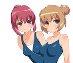  a1 aisaka_taiga alternate_hairstyle brown_eyes brown_hair competition_school_swimsuit competition_swimsuit hair_bun highres kushieda_minori multiple_girls one-piece_swimsuit pink_eyes red_hair school_swimsuit smile sweat swimsuit toradora! 