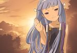  bad_id bad_pixiv_id bangs blue_hair blunt_bangs hair_tubes hairband hands kannagi long_hair nagi purple_eyes solo sunset waving xr650r 