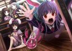  animal_ears barefoot beaker black_hair bloomers bunny_ears falling foreshortening hat houraisan_kaguya hyuuga_azuri inaba_tewi just_as_planned long_hair multiple_girls prank purple_hair red_eyes reisen_udongein_inaba ribbon short_hair spill sweatdrop test_tube touhou tripping underwear white_hair yagokoro_eirin 