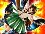  arm_cannon bird_wings black_wings bow brown_eyes brown_hair cape frilled_skirt frills green_bow green_skirt hair_bow highres kamiya_tomoe long_hair molten_rock open_mouth reiuji_utsuho ribbon skirt solo touhou weapon wings 