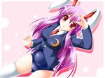  animal_ears blush bunny_ears highres kamiya_tomoe long_hair necktie no_pants one-piece_swimsuit purple_hair red_eyes red_neckwear reisen_udongein_inaba school_swimsuit school_uniform solo swimsuit swimsuit_under_clothes thighhighs touhou 