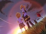  bad_id bad_pixiv_id blurry child cloud condensation_trail depth_of_field dual_persona dutch_angle highres hirobakar holding_hands kagamine_len looking_back male_focus multiple_boys scenery sky standing sunrise time_paradox vocaloid younger 