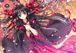  animal_ears bell black_hair blue_eyes hands_on_own_chest japanese_clothes long_hair lying magatama on_back original petals riv solo 