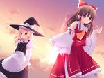  blonde_hair brown_eyes brown_hair detached_sleeves hakurei_reimu hat highres kirisame_marisa kurasawa_kyoushou long_hair multiple_girls sun touhou wallpaper witch_hat yellow_eyes 