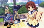  absurdres antenna_hair bag blazer blue_skirt brown_eyes brown_hair clannad day detexted food fujibayashi_kyou furukawa_nagisa highres hikarizaka_private_high_school_uniform ikeda_kazumi jacket kneeling long_hair looking_at_viewer makizushi multiple_girls no_shoes official_art outdoors picnic pleated_skirt sakagami_tomoyo school_uniform shoes_removed sitting skirt smile sushi thighhighs third-party_edit tree very_long_hair white_legwear 