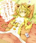  2010 akeome animal_costume animal_print bishamonten's_pagoda blonde_hair costume food fruit happy_new_year highres ichi_makoto kotatsu mandarin_orange multicolored_hair new_year short_hair solo table tatami tiger_costume tiger_print toramaru_shou touhou yellow_eyes 