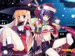  antlers bikini_top blonde_hair blue_eyes christmas earrings gagraphic gift hat jewelry multiple_girls night panties pantyshot pointy_ears purple_hair red_eyes santa_hat shorts sikorsky star striped underwear wallpaper watermark witch_hat 