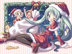  &gt;_&lt; 3girls christmas closed_eyes dekosuke green_eyes green_hair hat hatsune_miku highres kagamine_len kagamine_rin kaito long_hair meiko multiple_boys multiple_girls one_eye_closed pantyhose santa_costume santa_hat twintails vocaloid 