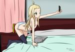  bed black_legwear blonde_hair cellphone colette_(kono_bijutsubu_niwa_mondai_ga_aru!) green_eyes kono_bijutsubu_niwa_mondai_ga_aru! long_hair panties selfie skirt wink 