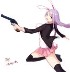  animal_ears artist_name bad_anatomy bangs black_legwear blazer blouse bunny_ears from_side gun handgun highres holding holding_weapon jacket long_hair looking_at_viewer looking_back miniskirt necktie pink_skirt pleated_skirt purple_hair red_eyes red_neckwear reisen_udongein_inaba revolver running signature simple_background skirt smile solo standing tetsurou_(fe+) thighhighs touhou weapon 