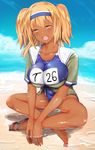  beach blush breasts commentary_request competition_swimsuit crossed_legs dark_skin day hair_ornament hairband highres i-26_(kantai_collection) jacket kantai_collection large_breasts name_tag ocean one-piece_swimsuit orange_eyes orange_hair sandals sandals_removed school_swimsuit shiny shiny_skin sitting smile solo swimsuit swimsuit_under_clothes tan two-tone_hairband two_side_up untsue 