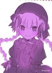  bow braid doll_joints dress fate/extra fate_(series) frilled_dress frills hat hat_ribbon long_hair looking_at_viewer minafuni monochrome nursery_rhyme_(fate/extra) puffy_sleeves purple ribbon short_sleeves smile solo twin_braids twitter_username upper_body 