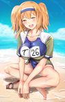  beach blush breasts commentary_request competition_swimsuit crossed_legs day hair_ornament hairband highres i-26_(kantai_collection) jacket kantai_collection large_breasts name_tag ocean one-piece_swimsuit orange_eyes orange_hair sandals sandals_removed school_swimsuit shiny shiny_skin sitting smile solo swimsuit two-tone_hairband two_side_up untsue 