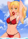  absurdres bikini blonde_hair blue_sky blush breasts cleavage cloud day fang fate/apocrypha fate/grand_order fate_(series) front-tie_top groin highres kairi_(miry666) lens_flare long_hair medium_breasts mordred_(fate)_(all) mordred_(swimsuit_rider)_(fate) mouth_hold navel red_bikini side-tie_bottom sky solo swimsuit wading water 