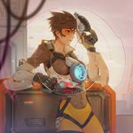  bad_id bad_pixiv_id bodysuit bomber_jacket brown_hair brown_jacket dual_wielding gameplay_mechanics goggles gun handgun highres holding jacket keikoku_(kujira) lips orange_bodysuit overwatch reticule short_hair solo spiked_hair tracer_(overwatch) weapon widowmaker_(overwatch) 