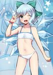  ;d alternate_costume arm_at_side bangs bead_bracelet beads bikini blue_background blue_eyes blush bow bracelet cirno clenched_hand cowboy_shot detached_wings flat_chest green_bow hair_bow hand_up happy highres ice ice_wings jewelry legs_apart looking_at_viewer mizuki_eiru_(akagi_kurage) navel one_eye_closed open_mouth short_hair silver_hair sketch smile solo sparkle standing star swimsuit touhou v white_bikini wings zoom_layer 
