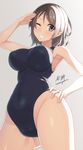  armpits artist_name blue_eyes blush breasts competition_swimsuit covered_nipples grey_hair grin hand_on_hip large_breasts love_live! love_live!_sunshine!! one-piece_swimsuit one_eye_closed salute samegami short_hair signature simple_background smile solo standing swimsuit watanabe_you 