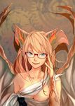  :p adjusting_eyewear bespectacled blonde_hair blue_eyes breasts cleavage collarbone desuko dragon_girl dragon_horns dragon_wings dress gears glasses horns large_breasts long_hair myr_(p&amp;d) puzzle_&amp;_dragons red-framed_eyewear scales semi-rimless_eyewear shadow solo tongue tongue_out under-rim_eyewear white_dress wings 