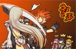  2boys 3girls aisha_(elsword) dress elsword eve_(elsword) frills multiple_boys multiple_girls raven_(elsword) red_hair rena_(elsword) silver_hair slap very_long_hair 