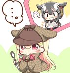  2girls ? alternate_costume black_hair blonde_hair capelet chibi commentary deerstalker detective directional_arrow food food_on_face hair_flaps hair_ornament hairclip hat highres holding jako_(jakoo21) kantai_collection long_hair magnifying_glass multiple_girls red_eyes remodel_(kantai_collection) shigure_(kantai_collection) spoken_ellipsis spoken_question_mark translated yuudachi_(kantai_collection) 