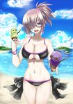  :d adapted_costume alternate_hairstyle ass_visible_through_thighs bare_shoulders beach bikini black-framed_eyewear black_bikini blush breasts cleavage cleavage_cutout cloud cloudy_sky collarbone commentary_request cowboy_shot day fate/grand_order fate_(series) food glasses hair_ornament hair_over_one_eye hair_scrunchie highres ice_cream ice_cream_cone island large_breasts looking_at_viewer mash_kyrielight navel open_mouth outdoors ponytail purple_eyes purple_hair scrunchie short_hair sky smile solo standing stomach swimsuit takecha teeth thigh_gap tied_hair water 