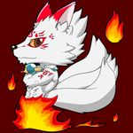  canine chibi clothed clothing concon-collector fire fox looking_at_viewer male mammal multi_tail official_art red_background simple_background solo suga topless 