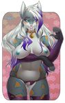  2016 anthro bell_collar big_breasts blue_eyes breasts clothing collar elbow_gloves fangs feline female gizmo0sue gloves hi_res legwear mammal nipples pussy saber-toothed_cat stockings thong 