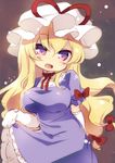  blonde_hair blush breasts dress dress_lift elbow_gloves gloves hair_ribbon hat highres large_breasts long_hair matatabi_(nigatsu) mob_cap open_mouth petticoat purple_dress purple_eyes ribbon short_sleeves smile solo touhou tress_ribbon very_long_hair yakumo_yukari 