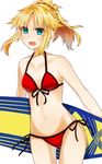  bikini blonde_hair blush breasts cleavage cowboy_shot fang fate/apocrypha fate/grand_order fate_(series) front-tie_top green_eyes groin mordred_(fate)_(all) mordred_(swimsuit_rider)_(fate) navel open_mouth ponytail prydwen red_bikini rinno_ugomemo side-tie_bottom small_breasts solo surfboard swimsuit white_background 