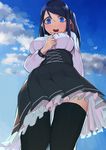  bad_id bad_pixiv_id bangs black_legwear black_skirt blue_eyes blue_hair blue_sky blush breasts cloud cowboy_shot day embarrassed from_below hand_on_own_chest high-waist_skirt highres juz krt_girls long_sleeves medium_breasts meme_attire one_side_up open_mouth outdoors petticoat pleated_skirt red_ribbon ribbon skirt sky solo standing sweat sweatdrop swept_bangs thighhighs underbust upskirt virgin_killer_outfit xiao_qiong zettai_ryouiki 