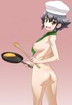 :d ass back black_hair braid breasts brown_eyes chef_hat flat_ass frying_pan girls_und_panzer hat highres large_breasts looking_at_viewer minazuki_juuzou naked_necktie nipples nude open_mouth pepperoni_(girls_und_panzer) smile solo toque_blanche 