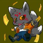  canine chibi clothed clothing concon-collector fox japanese_text longfox looking_at_viewer male mammal multi_tail official_art simple_background solo suga text yellow_background yin_yang 