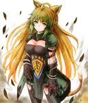  ahoge animal_ears atalanta_(fate) bad_id bad_pixiv_id blonde_hair breasts cleavage_cutout fate/apocrypha fate_(series) green_eyes green_hair long_hair medium_breasts multicolored_hair pelvic_curtain solo suterisu tail thighhighs type-moon white_background 