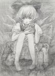  animal bad_id bad_pixiv_id barefoot bird bloomers bow charcoal_(medium) cirno dress frilled_dress frilled_sleeves frills frown greyscale hair_bow holding knees_together_feet_apart koneneko looking_at_viewer monochrome penguin pigeon-toed puffy_short_sleeves puffy_sleeves short_hair short_sleeves sitting touhou traditional_media underwear 