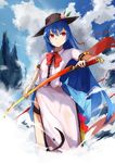  adapted_costume bangs black_hat blue_bow blue_hair bow cloud cloudy_sky commentary_request day dress food fruit hat hinanawi_tenshi holding holding_weapon large_bow long_dress long_hair peach rainbow_gradient rainbow_order red_bow red_eyes short_sleeves sky solo standing sword_of_hisou tetsurou_(fe+) touhou weapon 