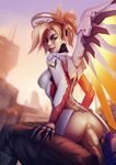  1girl anal ass blue_eyes bottomless evulchibi eyebrows eyeshadow girl_on_top hetero high_ponytail highres large_penis lipstick long_hair makeup mechanical_halo mechanical_wings mercy_(overwatch) overwatch penis reverse_cowgirl_position sex soldier:_76_(overwatch) solo_focus straddling thick_eyebrows uncensored wings 
