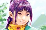  arc_the_lad arc_the_lad_ii asian bangs closed_mouth cojibou day dress eyebrows kukuru_(arc_the_lad) long_hair looking_at_viewer purple_eyes purple_hair realistic sky smile solo upper_body 